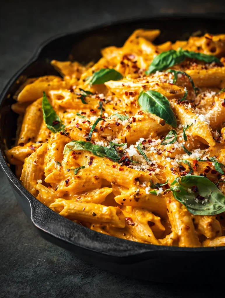 Creamy spicy tomato penne pasta topped with parmesan and fresh basil in a skillet