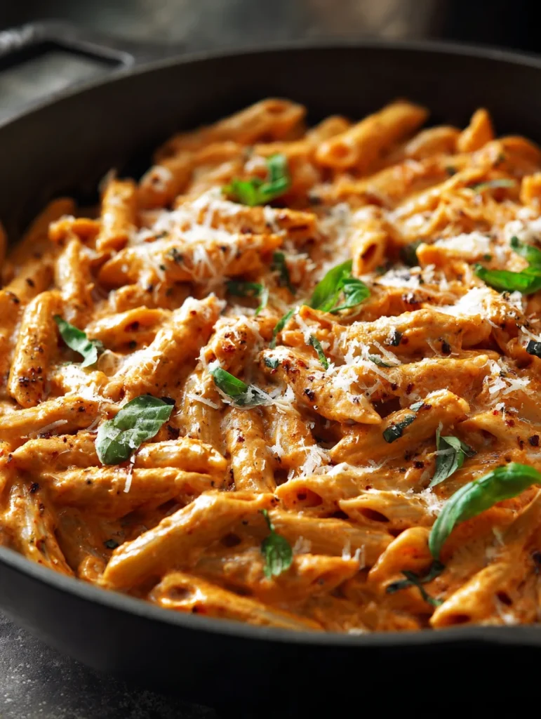 Creamy tomato penne pasta with parmesan and basil served in a skillet