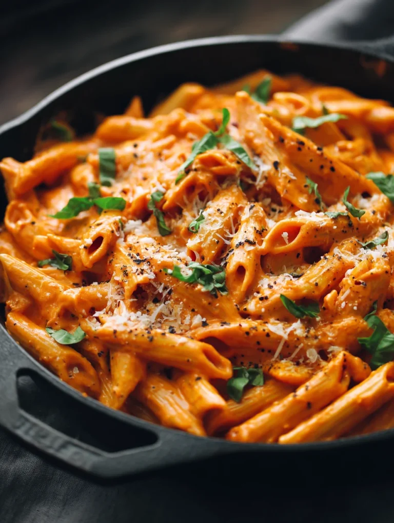 Creamy spicy tomato gig hadid pasta in a skillet topped with parmesan and basil