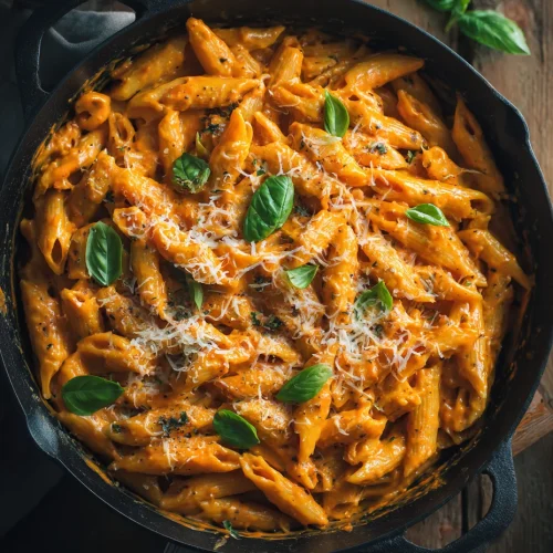 Creamy tomato penne gigi hadid pasta topped with parmesan and fresh basil in a cast iron skillet