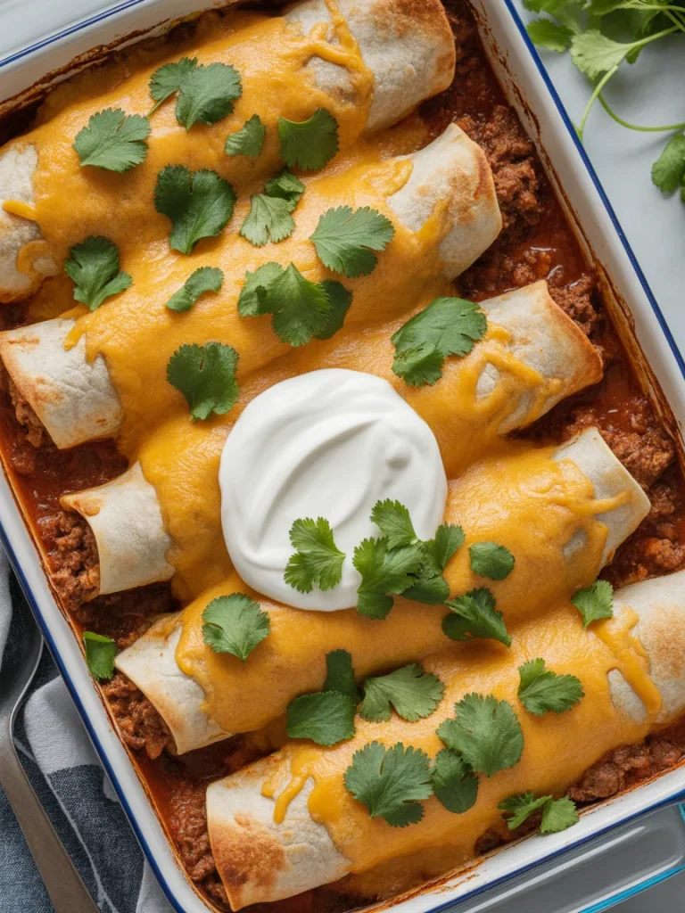 Close-up of cheesy ground beef enchiladas with sour cream and cilantro