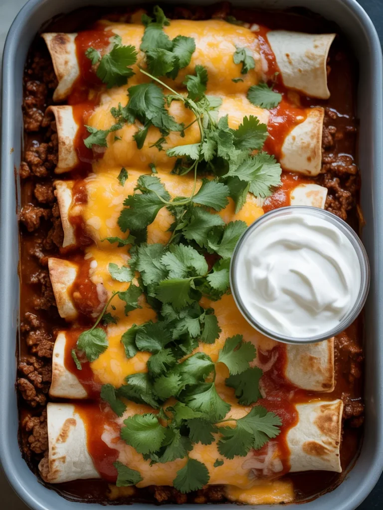 Ground beef enchiladas topped with melted cheese, cilantro, and sour cream