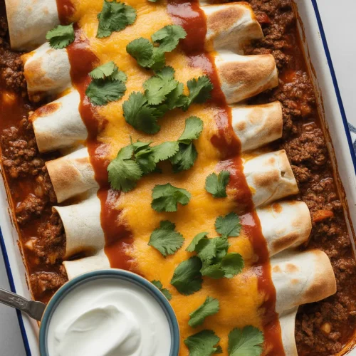 Ground beef enchiladas in baking dish with melted cheddar, red sauce, cilantro, and sour cream