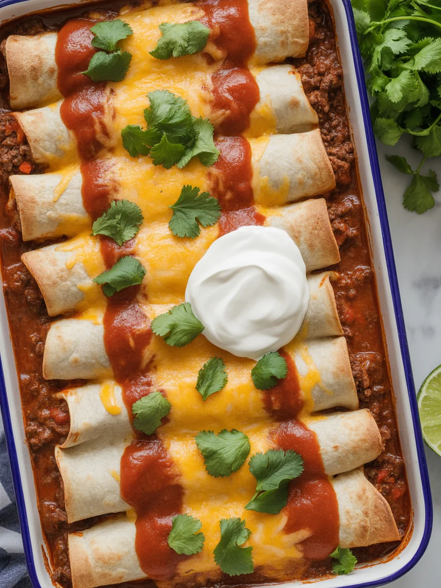 Baked ground beef enchiladas topped with melted cheese and red sauce
