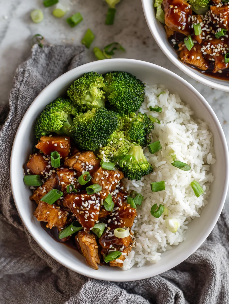 Instant Pot teriyaki chicken rice bowl with broccoli, white rice, and sesame seeds