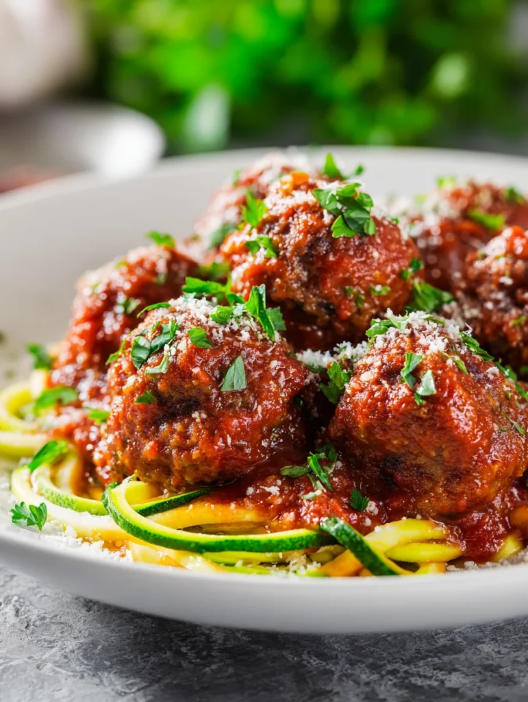 Low-carb keto meatballs with marinara sauce served over zucchini noodles with parmesan and parsley