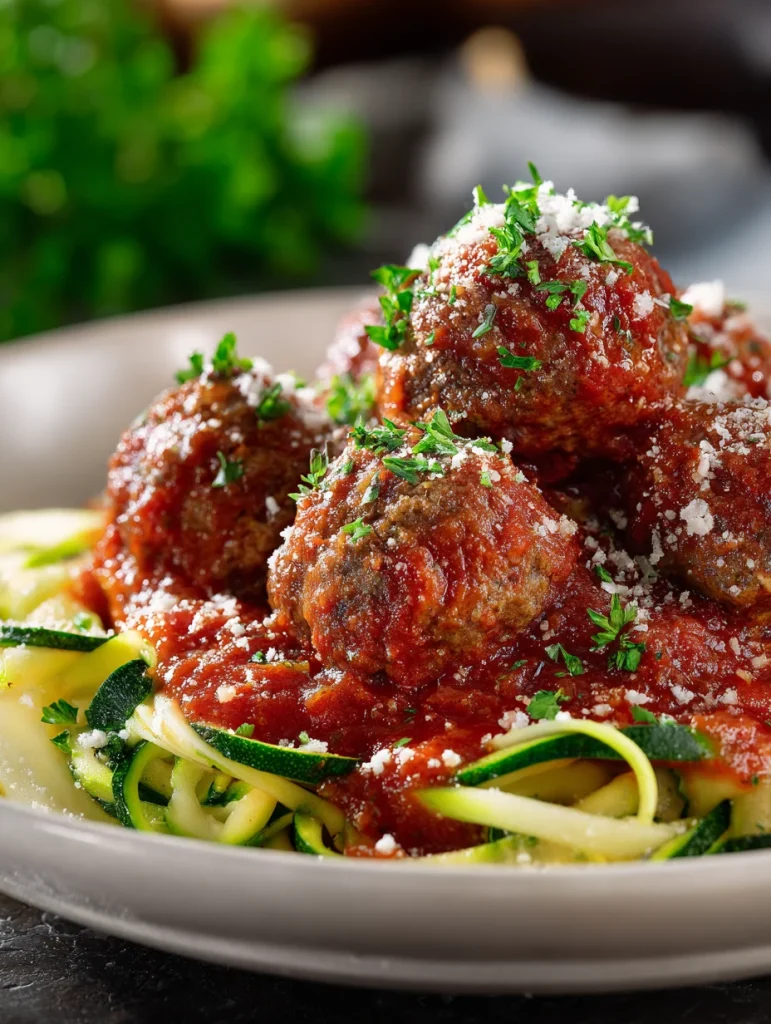 Keto meatballs with marinara sauce and parmesan served over zucchini noodles