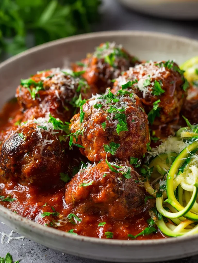 Keto meatballs with marinara sauce and zucchini noodles topped with parmesan and parsley