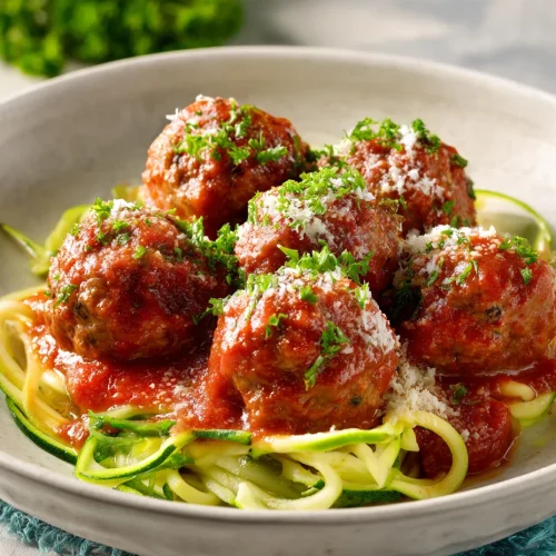 Keto meatballs in marinara sauce with parmesan over zucchini noodles