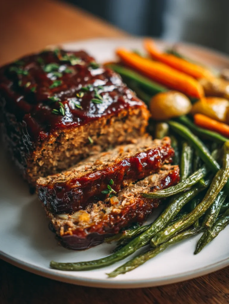 Keto meatloaf with glaze sliced and served with green beans and roasted vegetables