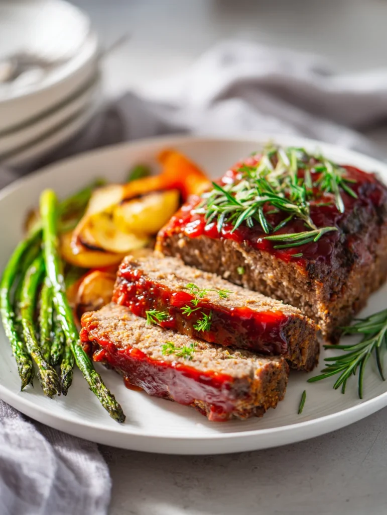Keto meatloaf with sugar-free glaze sliced and served with asparagus and roasted vegetables