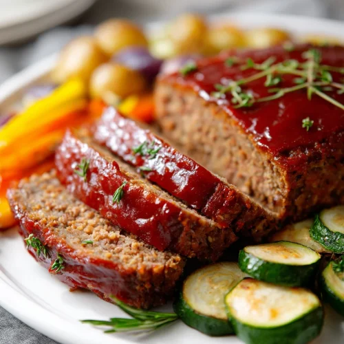 Keto meatloaf slices with sugar-free glaze served with zucchini and roasted vegetables