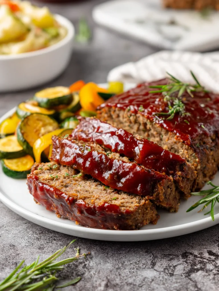 Keto meatloaf slices with sugar-free glaze served with roasted vegetables on a plate