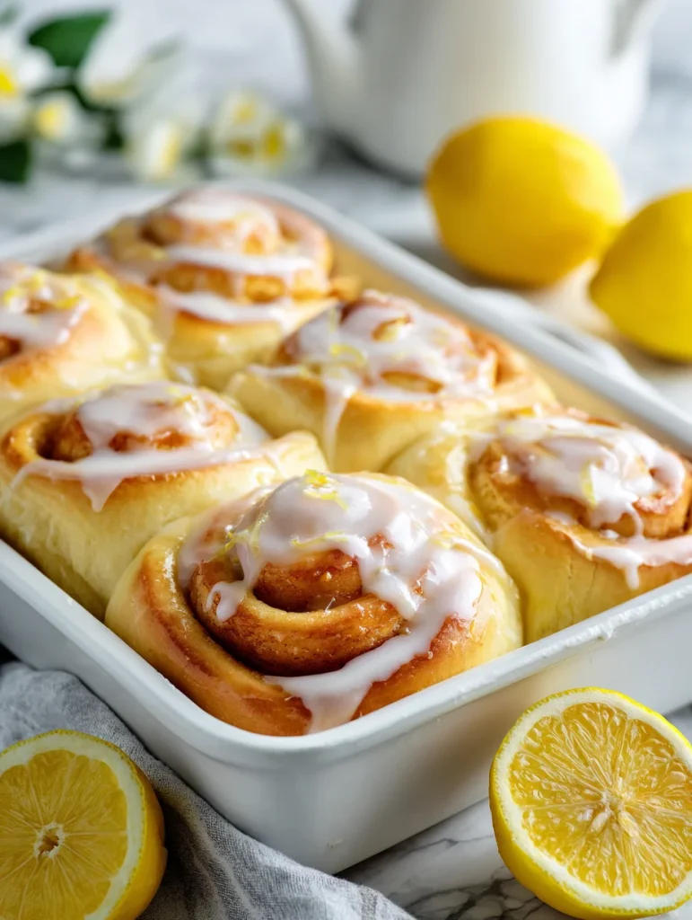 Freshly baked lemon rolls topped with lemon glaze in a white baking dish, surrounded by sliced lemons