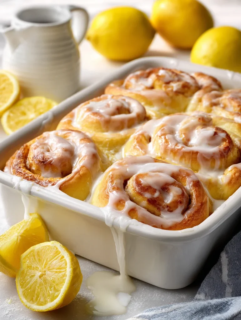 Soft lemon rolls with glossy lemon glaze baked in a white ceramic dish, garnished with fresh lemons