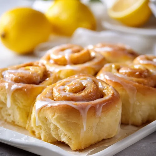 Soft lemon rolls with lemon glaze in a baking dish, topped with fresh lemon zest and whole lemons in the background