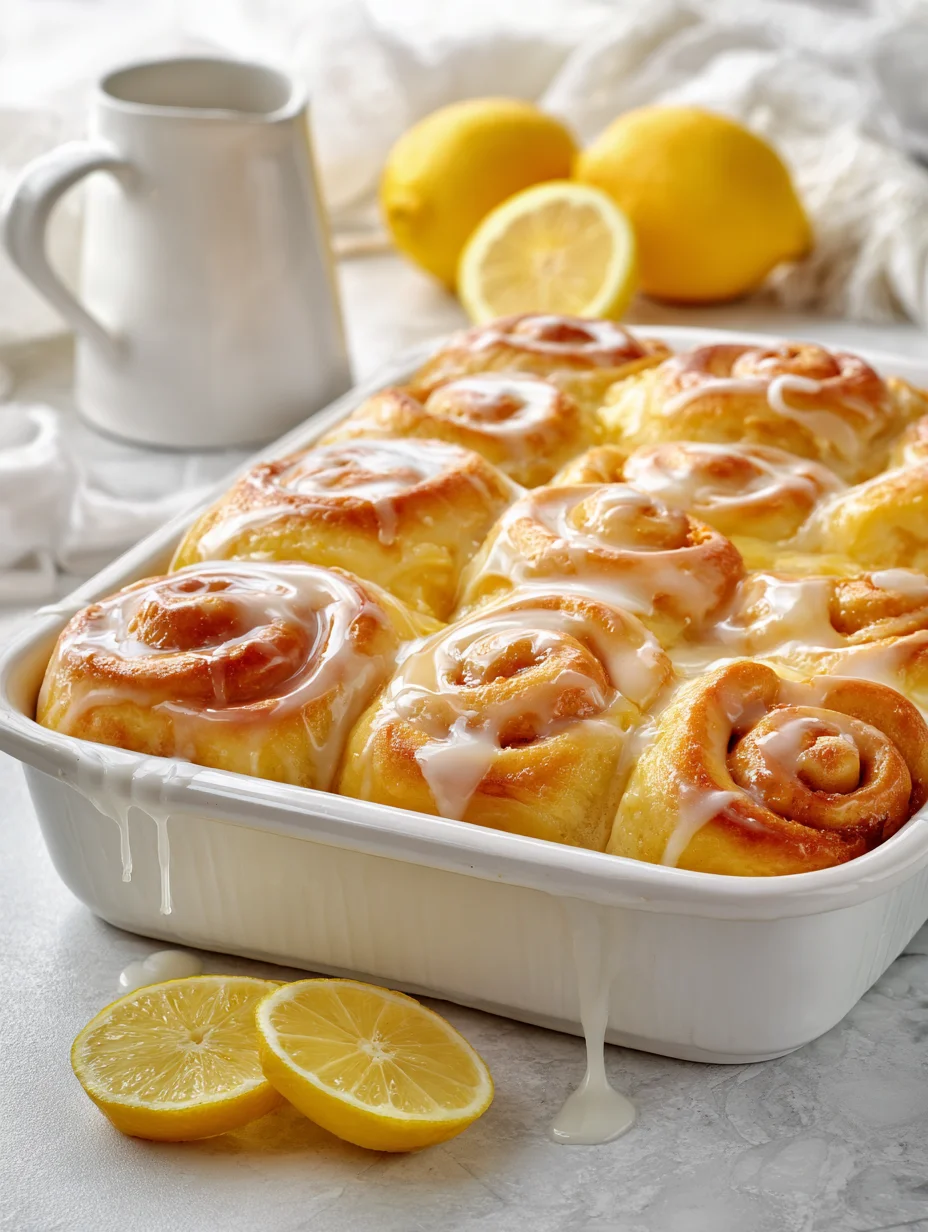 Soft lemon rolls with sweet lemon glaze baked in a white dish, garnished with fresh lemon slices