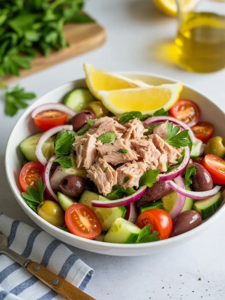 Mediterranean tuna salad with cherry tomatoes, cucumbers, olives, red onion, and lemon