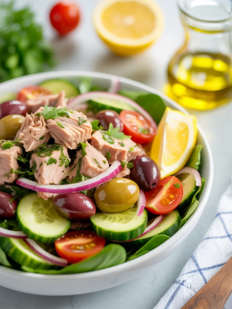 Mediterranean tuna salad with cucumbers, cherry tomatoes, olives, red onion, and lemon wedge