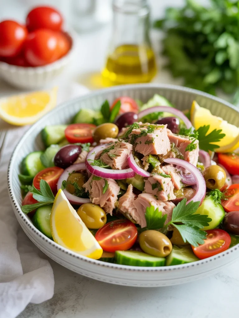 Mediterranean tuna salad with cucumbers, cherry tomatoes, olives, red onion, and lemon wedges