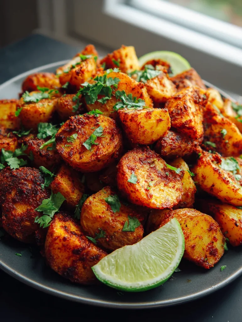 Spicy Mexican roasted potatoes garnished with cilantro and lime wedge