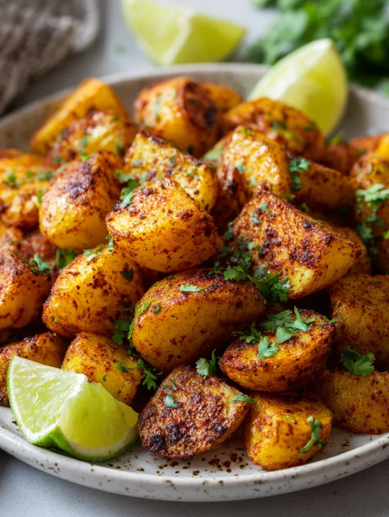 Crispy Mexican roasted potatoes with lime wedges and fresh cilantro