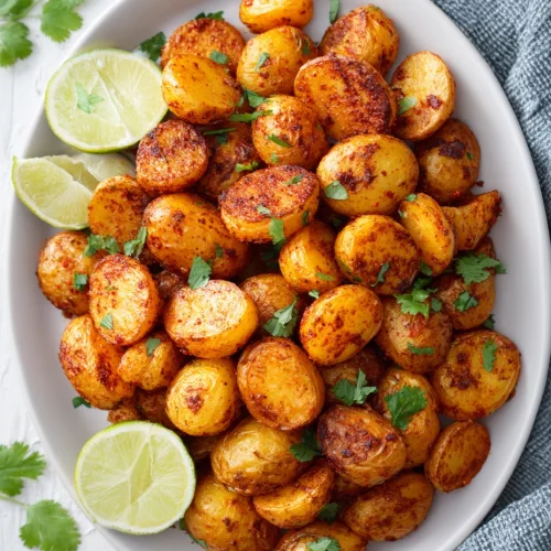 Mexican roasted baby potatoes with lime and cilantro on a white platter