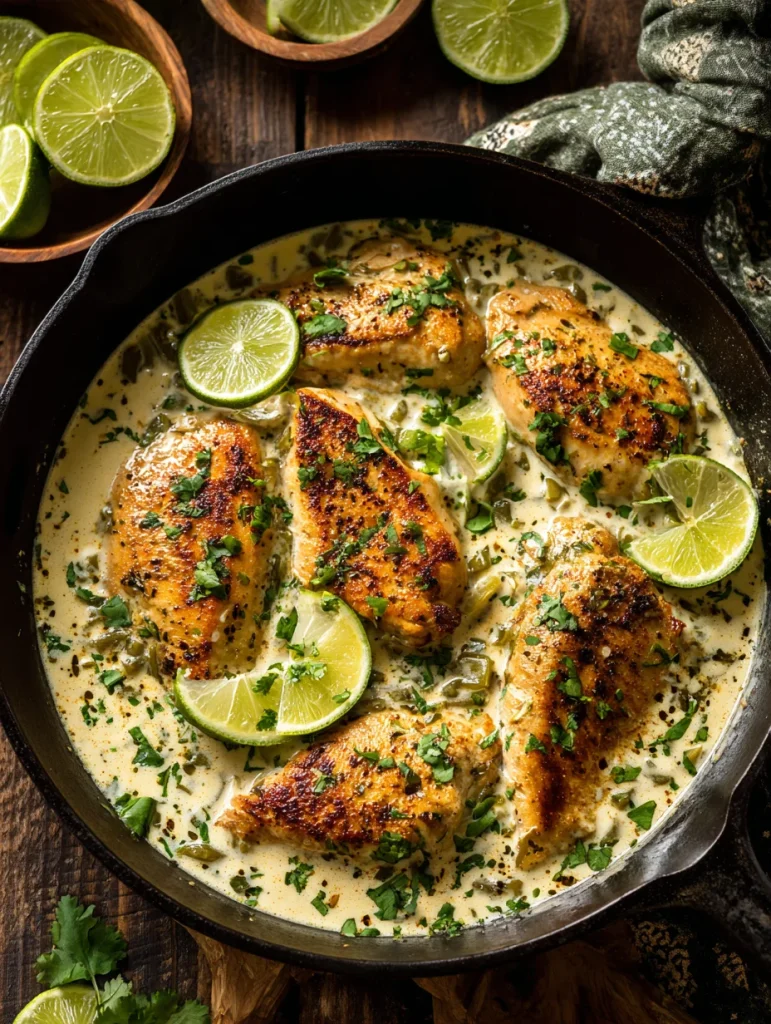 One pan keto green chili chicken with creamy sauce and lime slices in skillet