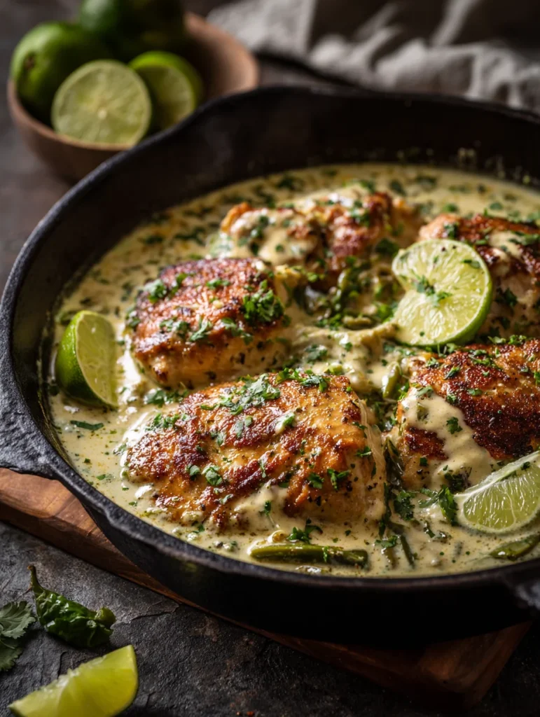 Creamy one pan keto green chili chicken with lime and cilantro in skillet