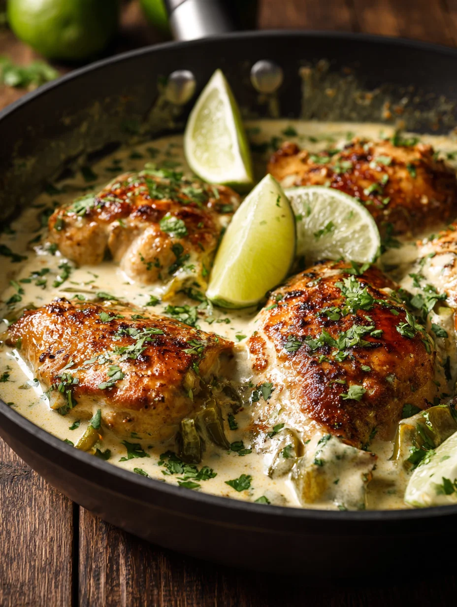 One pan keto green chili chicken in creamy sauce with lime wedges