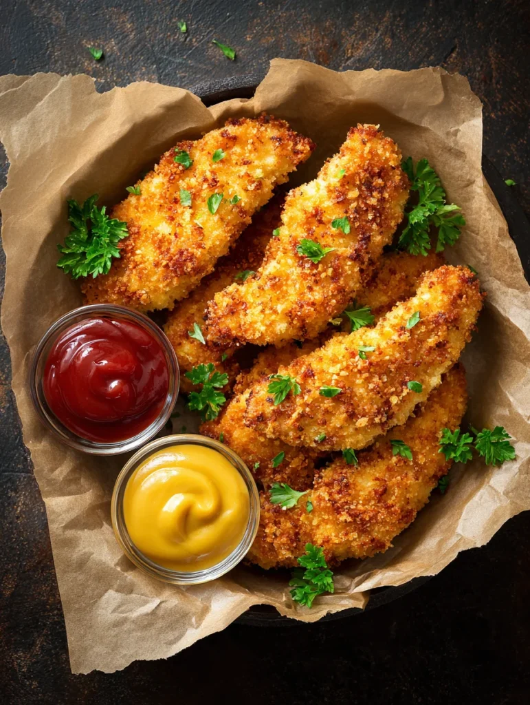 Golden oven baked chicken tenders with ketchup and mustard