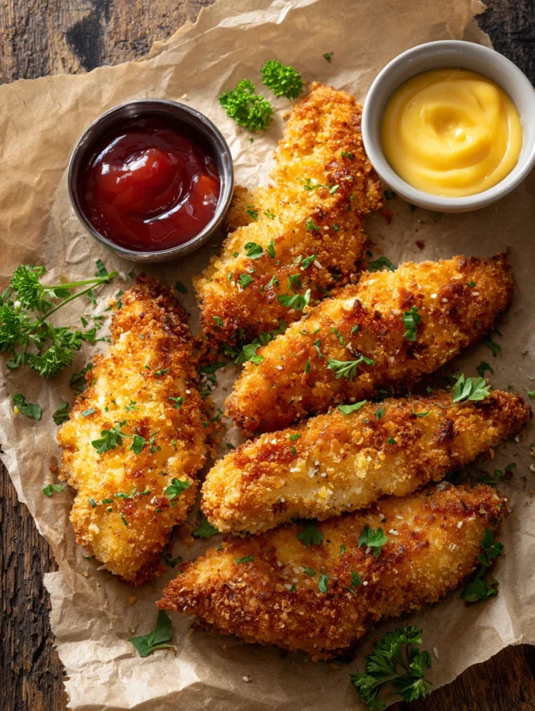 Crispy oven baked chicken tenders with ketchup and honey mustard