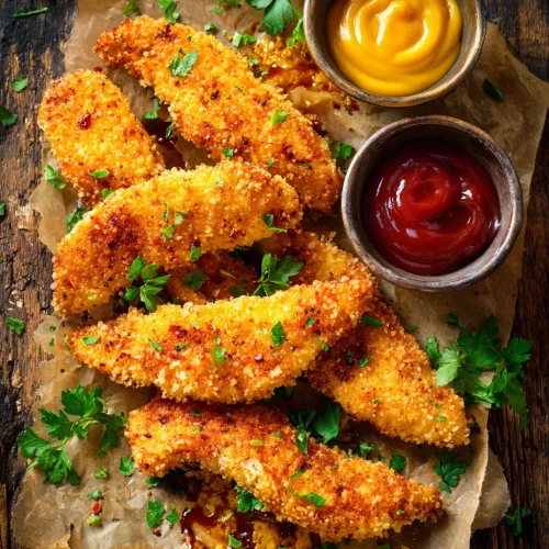 Oven baked chicken tenders with honey mustard and ketchup dipping sauces