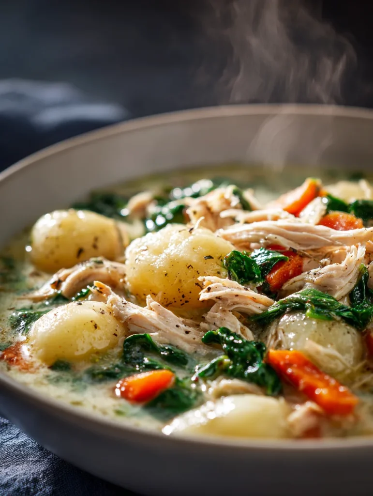 Steaming bowl of creamy rotisserie chicken gnocchi soup with spinach and carrots