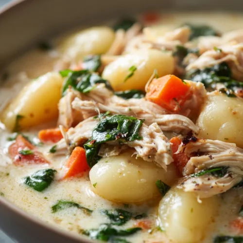 Close-up of creamy rotisserie chicken gnocchi soup with spinach and carrots