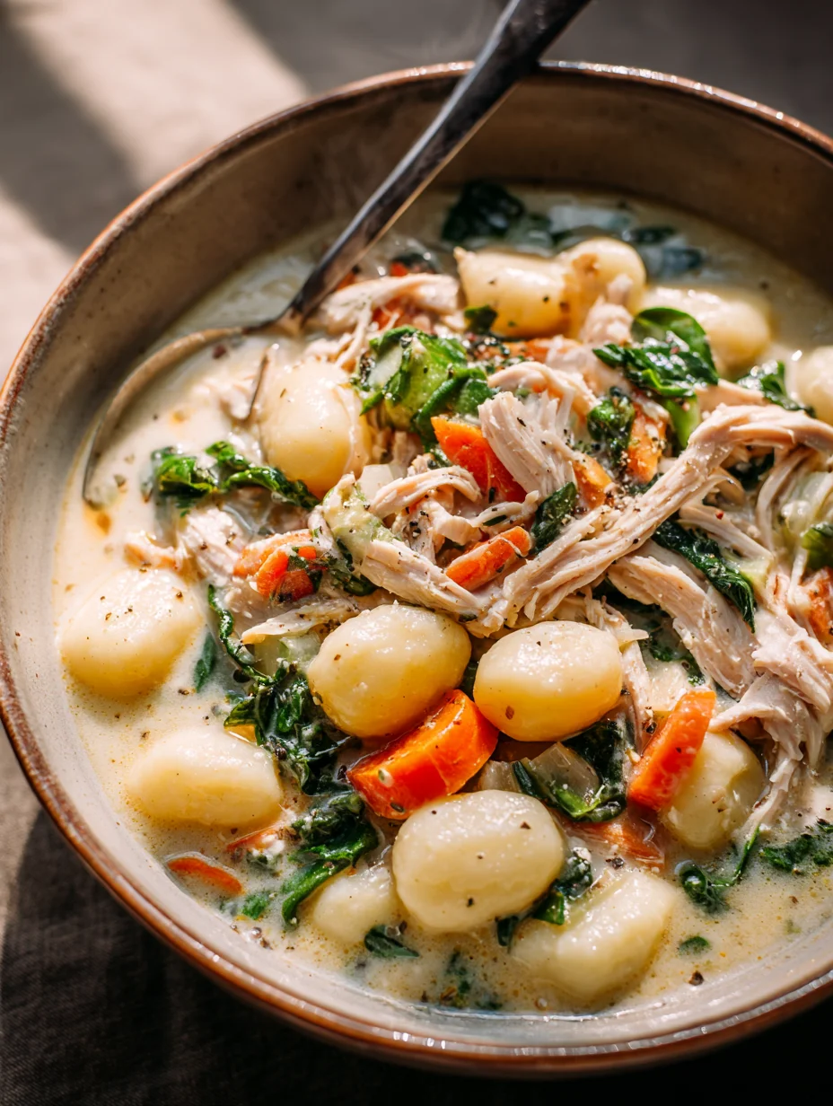 Creamy rotisserie chicken gnocchi soup with spinach and carrots in a bowl