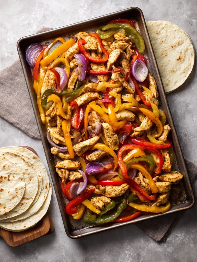 Sheet pan chicken fajitas with colorful peppers and tortillas