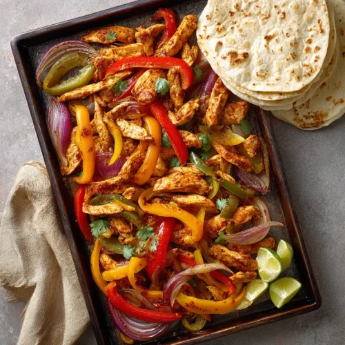 Sheet pan chicken fajitas with peppers, onions, tortillas, and lime