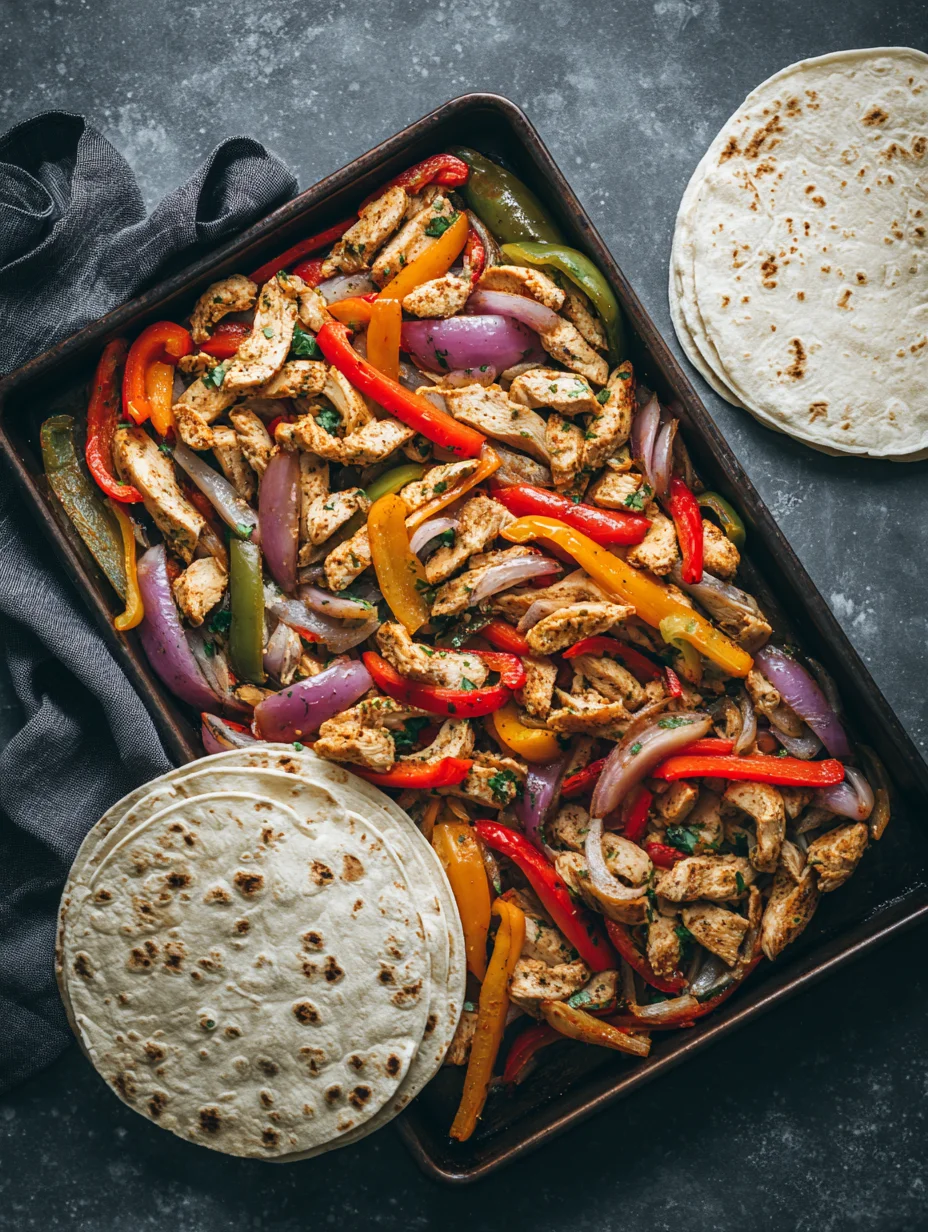 Sheet pan chicken fajitas with peppers and onions served with tortillas