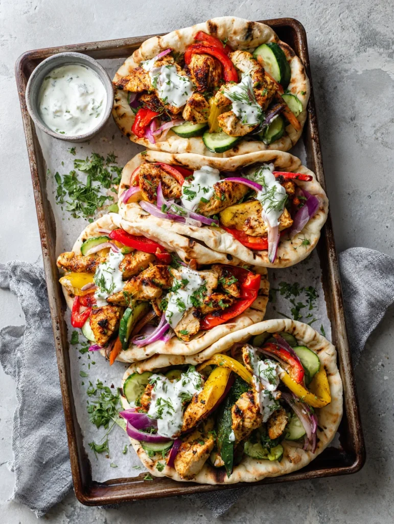 Sheet pan chicken pitas with roasted vegetables and yogurt sauce
