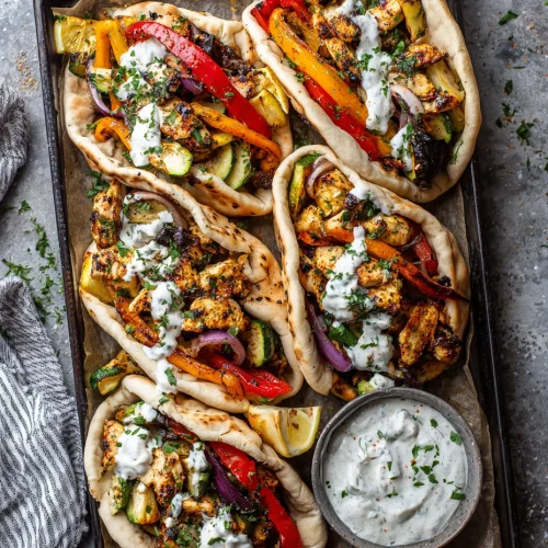 Sheet pan chicken pitas with roasted vegetables and creamy tzatziki sauce