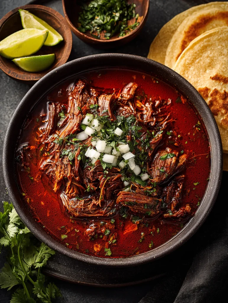Slow cooker birria with shredded beef in red chili broth, topped with diced onions and cilantro, served with lime wedges and tortillas