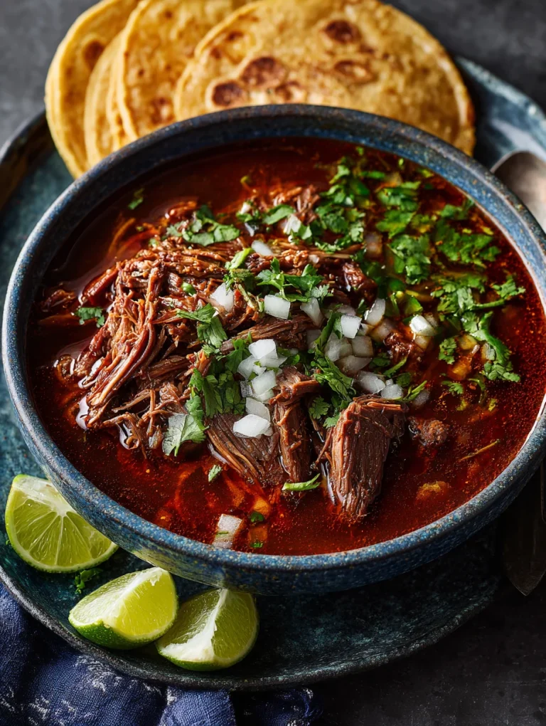Slow cooker birria with tender shredded beef in rich red broth, topped with cilantro and onions, served with lime wedges and tortillas