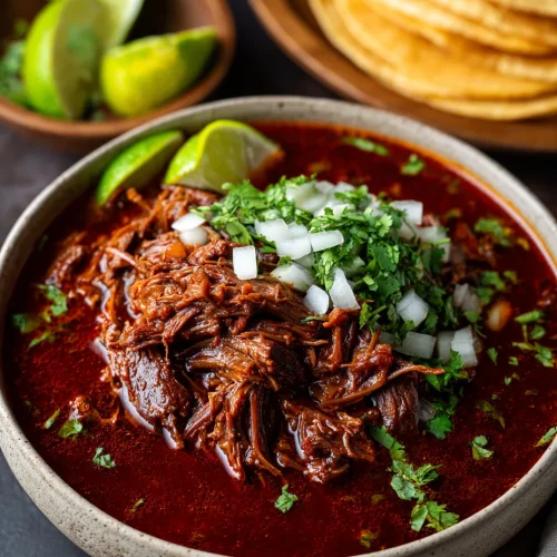 Slow cooker birria with tender shredded beef in rich red consommé, topped with onions and cilantro, served with lime wedges and tortillas
