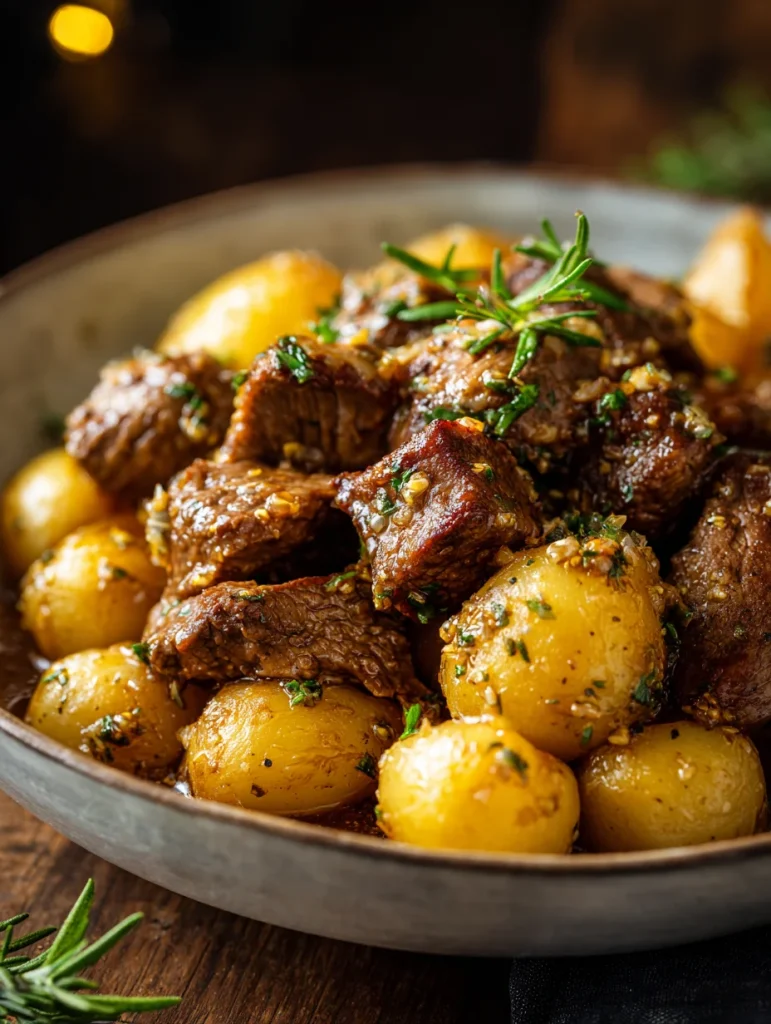 Slow cooker garlic butter beef bites with baby potatoes and fresh rosemary