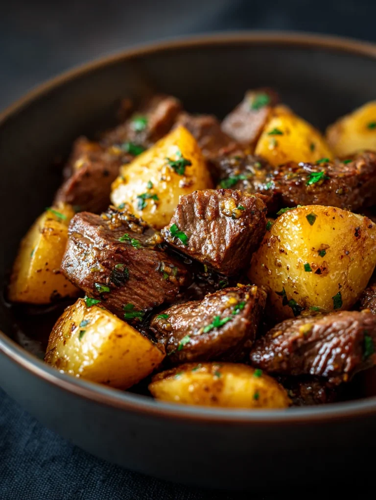 Slow cooker garlic butter beef bites with tender potatoes in a dark bowl