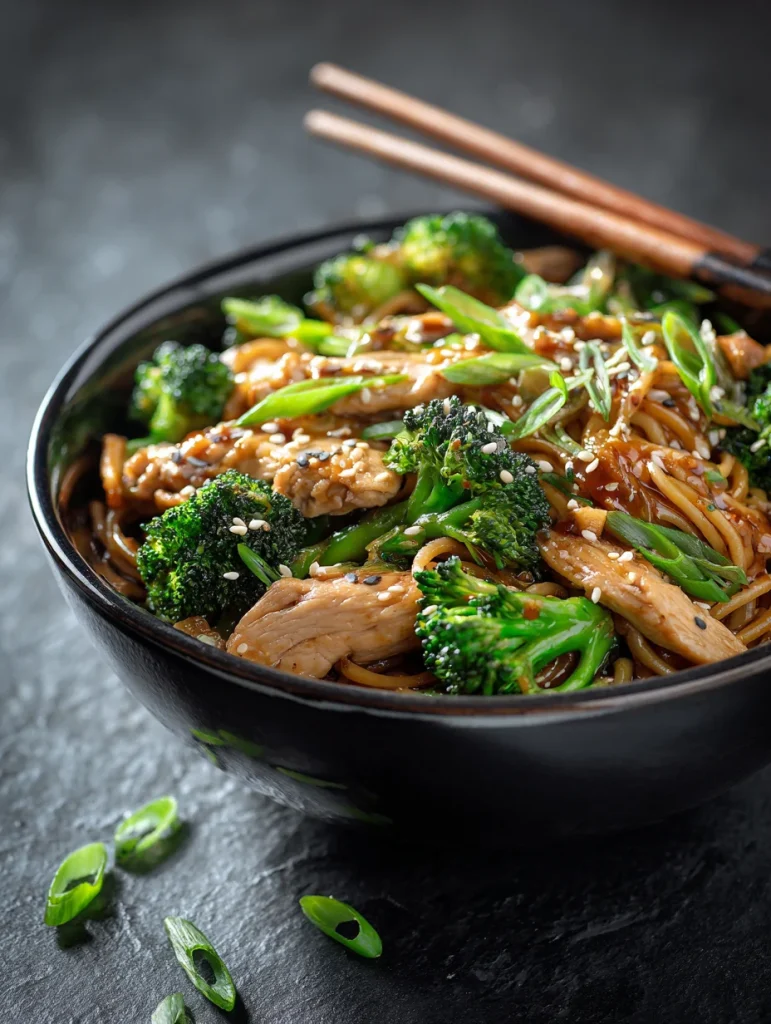 Spicy garlic chicken and broccoli noodle bowl with chopsticks