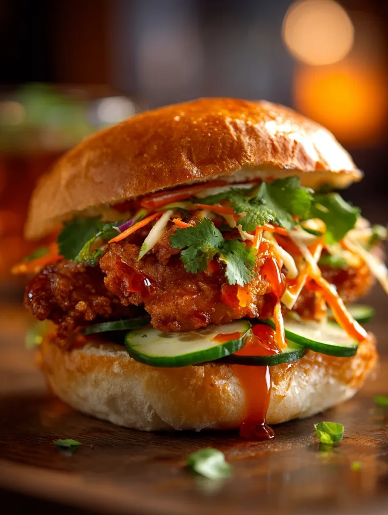 Close-up of Thai fried chicken sandwich with crispy chicken, pickled slaw, cucumber, and spicy sauce