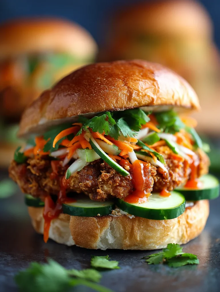 Thai fried chicken sandwich with crispy chicken, fresh slaw, cucumber slices, and chili sauce on a toasted bun