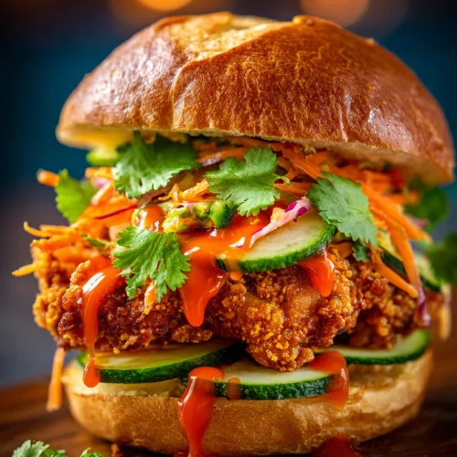 This image features a Thai fried chicken sandwich stacked high on a shiny toasted bun. A golden, crispy fried chicken fillet sits on sliced cucumbers and is topped with a vibrant slaw of shredded carrots, cabbage, and fresh cilantro. A glossy chili sauce drizzles over the chicken, adding a pop of color and a spicy touch. The sandwich is photographed in sharp focus against a softly blurred background, with another sandwich visible behind it, emphasizing the crunchy texture and fresh ingredients.